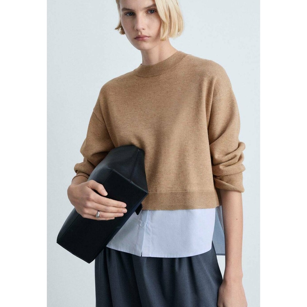 Mango MNG Layered Combined 2-in-1 Sweater Shirt Combo Camel Brown Blue Size L